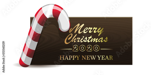 Wooden banner with Christmas red-white candy for New Year 2020. Merry Christmas and Happy New Year. Vector illustration