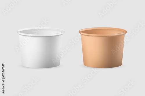 Paper cup for soup. Empty white and brown disposable tableware.
