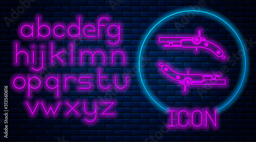 Glowing neon Vintage pistols icon isolated on brick wall background. Ancient weapon. Neon light alphabet. Vector Illustration