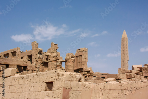 Karnak temple complex in Luxor, Egypt. Ruins of ancient temple with hieroglyphs and stella.