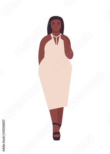 Curvy young woman flat vector illustration. Plump african american girl cartoon character wearing white evening dress. Body positive, plus size model appearance. Female isolated on white background.