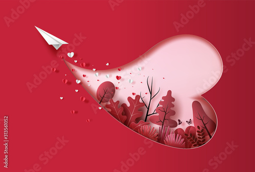 Paper plane flying in the sky with heart shape and plants, paper art style, flat-style vector illustration.