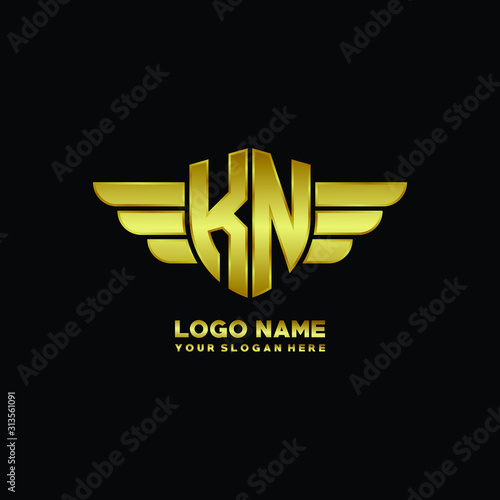 initial letter KN shield logo with wing vector illustration, gold color