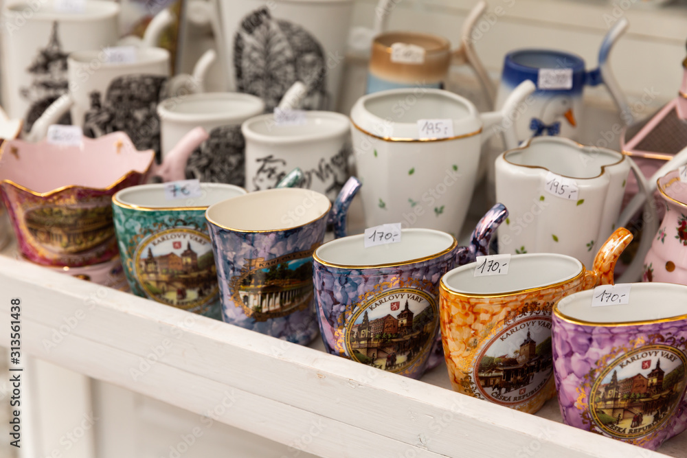 Cups for mineral water in shop of Karlovy Vary