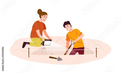 Archaeological excavations, treasure hunt flat vector illustration. Excited archeologists dig out historical discovery cartoon characters. Paleontological research site design element.