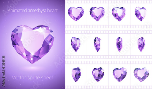 Rotating amethyst heart. Vector animation of purple crystal Valentine. Looped sprite sheet. 12 frames per second. Refined sequence for GIF, flash and HTML animation. Set of jewels. Isolated clipart