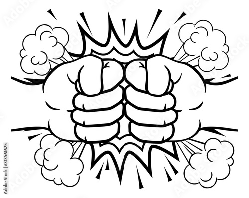 Two cartoon fists hands performing a fist bump punch creating an explosion