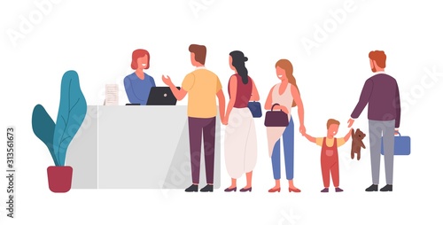 Queue at reception flat vector illustration. People waiting in line at front desk cartoon characters. Airport terminal, hotel registration table design element. Friendly receptionist helping clients.