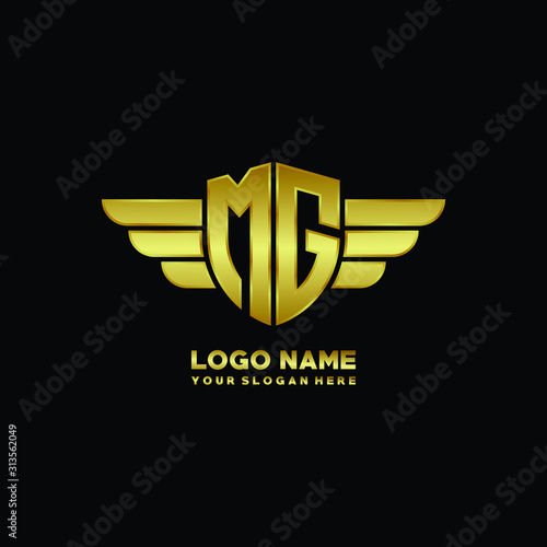 initial letter MG shield logo with wing vector illustration, gold color