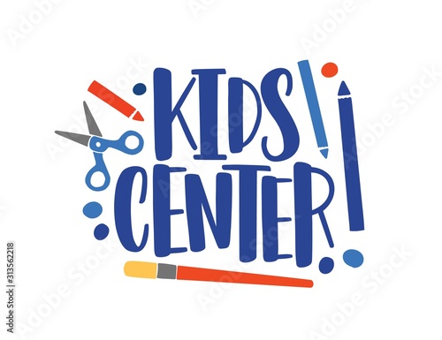 Creative center flat vector logo. Children development studio typography composition. Art lessons concept. Color lettering isolated on white background. Childish art center logotype design.