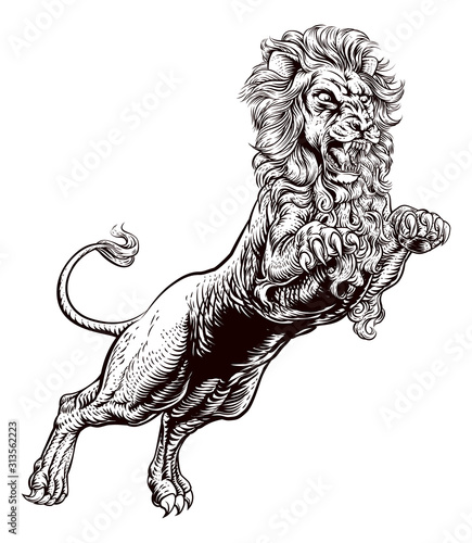 An illustration of a lion jumping to attack in a vintage retro woodcut style