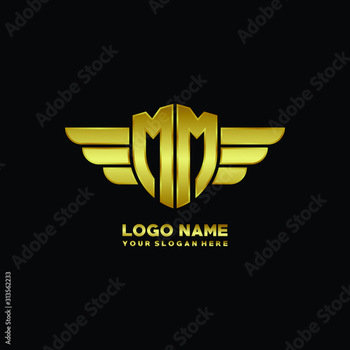 initial letter MM shield logo with wing vector illustration, gold color