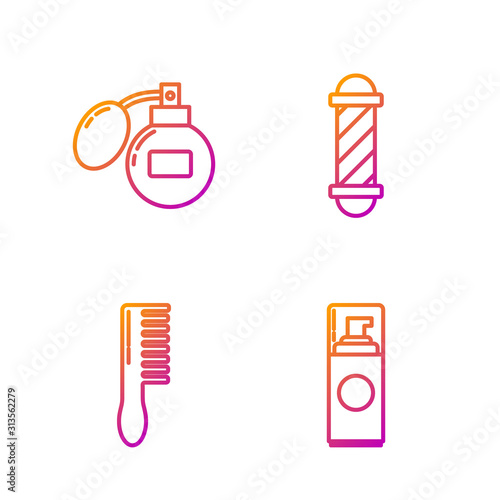 Set line Shaving gel foam, Hairbrush, Aftershave and Classic Barber shop pole. Gradient color icons. Vector
