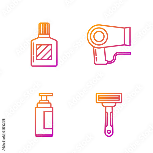 Set line Shaving razor, Cream or lotion cosmetic tube, Aftershave and Hair dryer. Gradient color icons. Vector