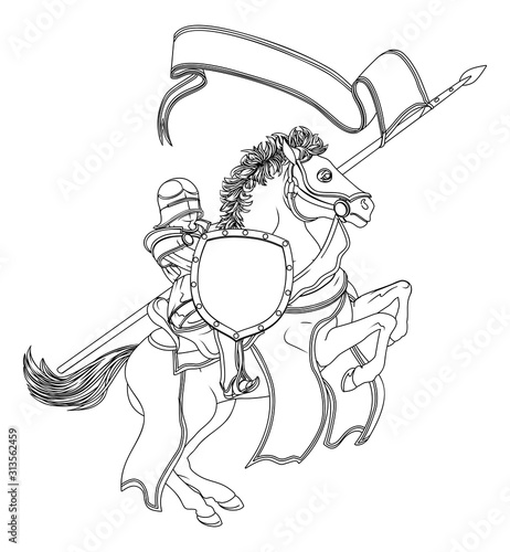A medieval knight in armour riding a horse to a joust holding a lance or spear with banner