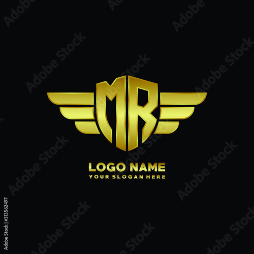 initial letter MR shield logo with wing vector illustration, gold color