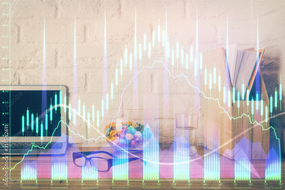 Financial market graph hologram and personal computer on background. Double exposure. Concept of forex. Financial market graph hologram and personal computer on background. Double exposure. Concept of forex.