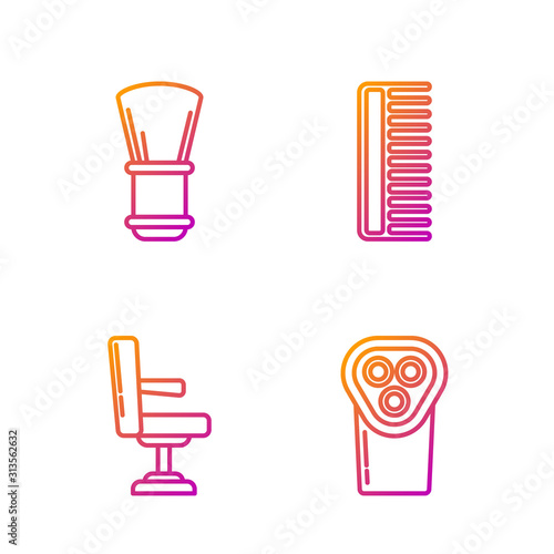 Set line Electrical hair clipper or shaver, Barbershop chair, Shaving brush and Hairbrush. Gradient color icons. Vector