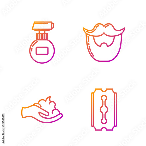 Set line Blade razor, Shaving gel foam on hand, Cream or lotion cosmetic tube and Mustache and beard. Gradient color icons. Vector