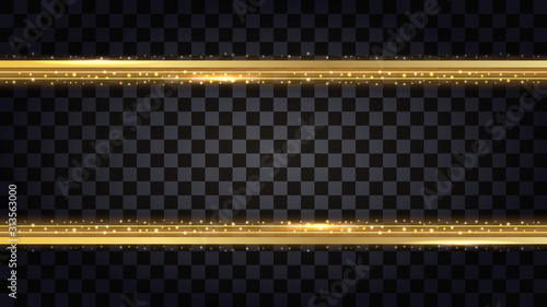 Gold borders with glowing glitter effect. Design element isolated on transparent background with light shine for template decoration. Vector illustration