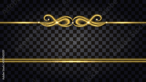 Gold borders with glowing glitter effect. Design element isolated on transparent background with light shine for template decoration. Vector illustration