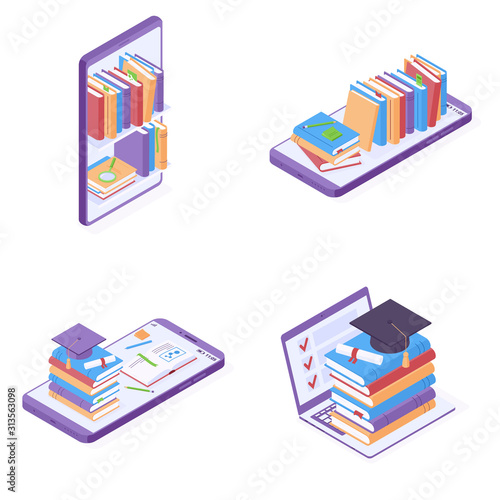 Online education or reading isometric vector illustration.