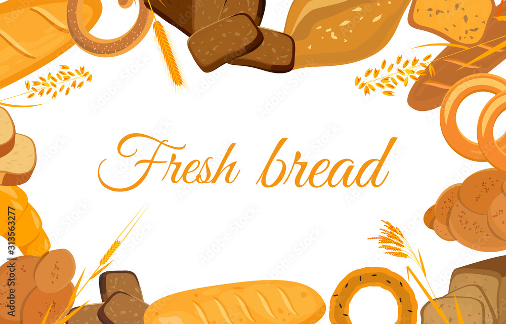 Banner with bakery products. Wheat, rye and whole grain bread. Pretzel ...