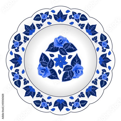 Decorative porcelain plate ornate with floral pattern. Isolated object, design elements i in traditional style, flowers and leaves, blue on white. Vector illustration