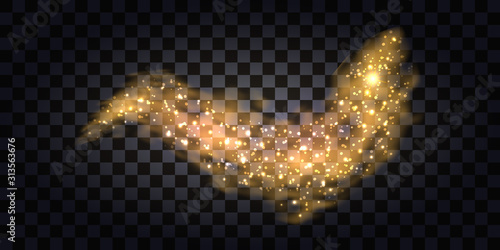 Abstract gold smoke. Golden glitter wave with shiny particles and light flash. Isolated on transparent background. Vector illustration