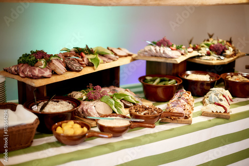 Table with meat products at a wedding party