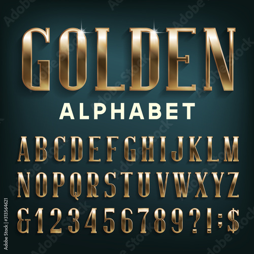 Golden alphabet font. Serif beveled letters with shadow. Stock vector typescript for your design.