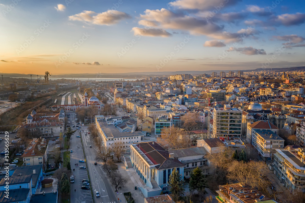 Aerial view from drone of city and central railway station, Varna, Bulgaria