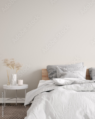Plakat Nowoczesne białe wnętrze sypialni z bliska z minimalnym wystrojem, renderowanie 3d