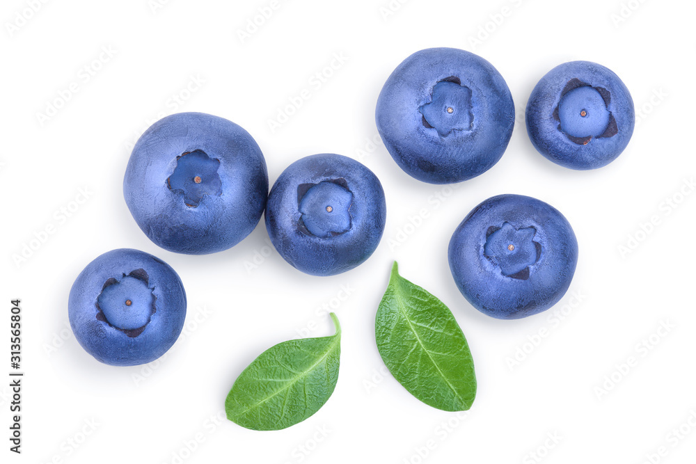 fresh ripe blueberry with leaves isolated on white background. Top view. Flat lay pattern fresh ripe blueberry with leaves isolated on white background. Top view. Flat lay pattern