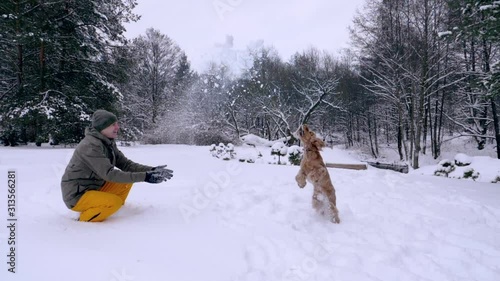 The man and his dog, the red-haired cocker spaniel, frolic in the snow. Outdoor activities in the winter during a snowfall, a man and a companion dog play together, slow motion stock video