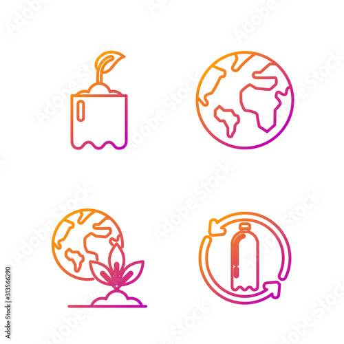 Set line Recycling plastic bottle, Earth globe and plant, Sprout in bottle and Earth globe. Gradient color icons. Vector