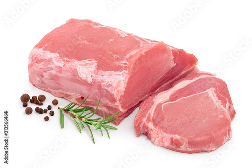 Raw pork meat with rosemary and peppercorn isolated on white background photo