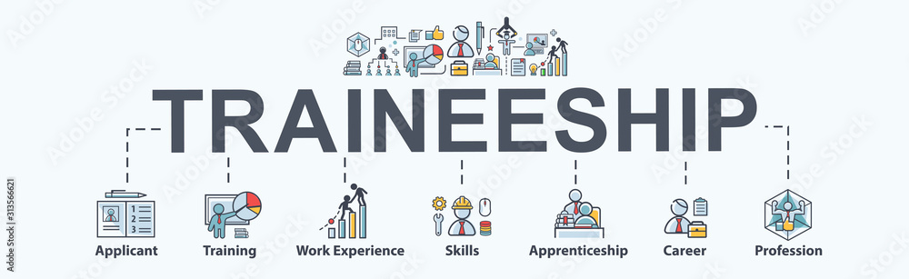 Fototapeta premium Traineeship program banner web icon for business working and company, apprenticeship, training, work experience, skills, support, career and professional experience. Minimal vector infographic.
