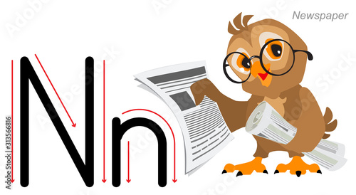 English alphabet abc education. Owl bird hold newspaper