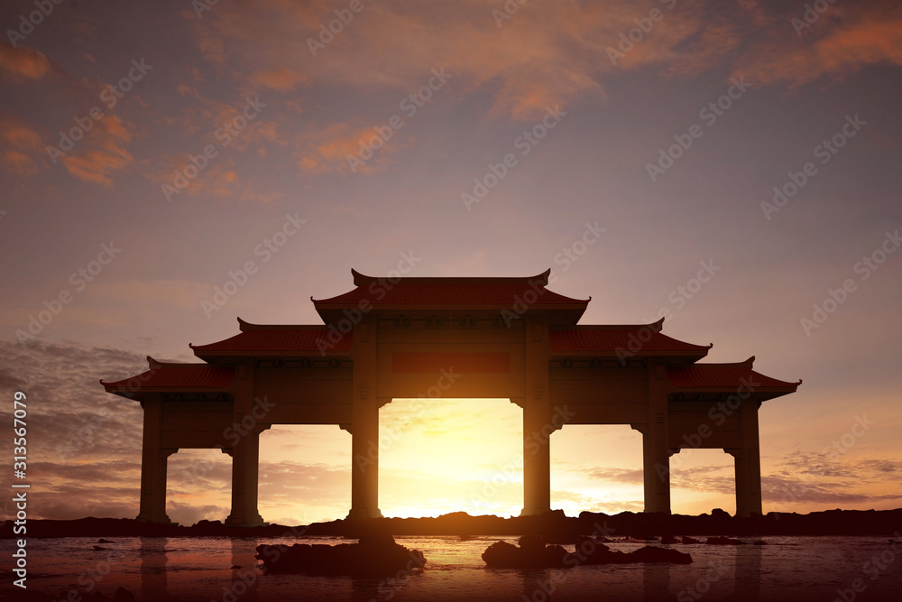 Chinese pavilion gate with red roof on the beach