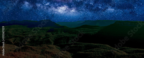 Banner panorama of Blue Mountains National Park by night with milky way, stars field and galaxies. New South Wales, Australia.