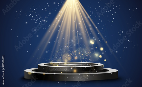 Realistic 3d Light Box with platform background for design performance, show, exhibition. Vector illustration of Lightbox Studio Interior. Podium with spotlights.