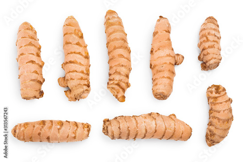 turmeric root isolated on white background. Top view. Flat lay