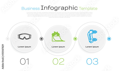 Set line Ski goggles, Bicycle on street ramp and Knee pads. Business infographic template. Vector