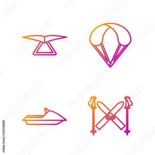 Set line Ski and sticks, Jet ski, Hang glider and Parachute. Gradient color icons. Vector