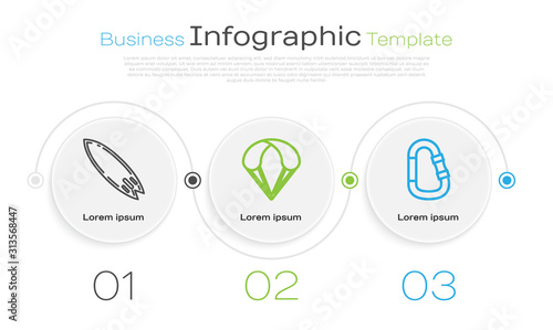 Set line Surfboard, Parachute and Carabiner. Business infographic template. Vector
