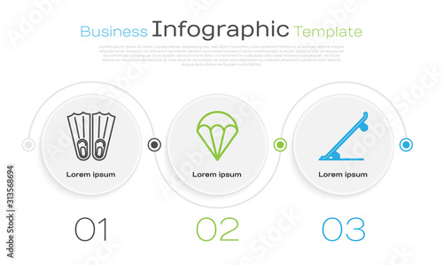 Set line Rubber flippers for swimming, Parachute and Skateboard. Business infographic template. Vector