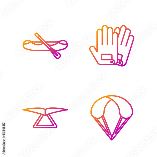 Set line Parachute, Hang glider, Rafting boat and Gloves. Gradient color icons. Vector