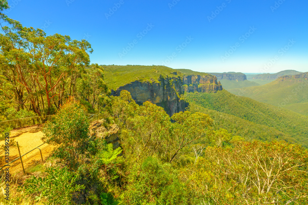 Landscape of Govetts Leap Lookout, Blackheath, one of the most famous park views. Blue Mountains National Park near Sydney in New South Wales, Australia.