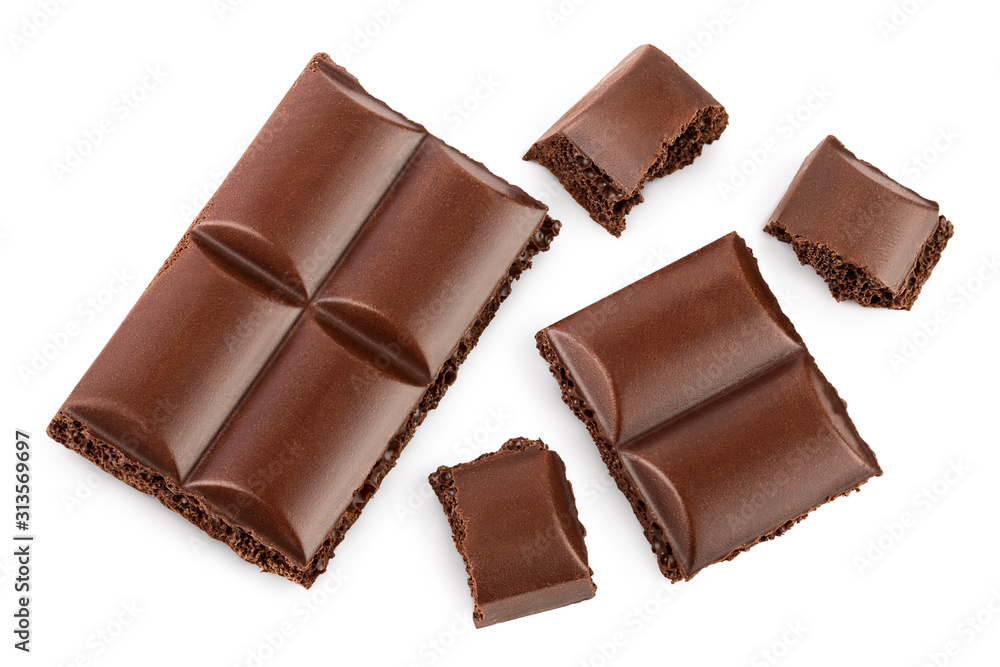 piece of chocolate isolated on white background with clipping path. . Top view. Flat lay. piece of chocolate isolated on white background with clipping path. . Top view. Flat lay.